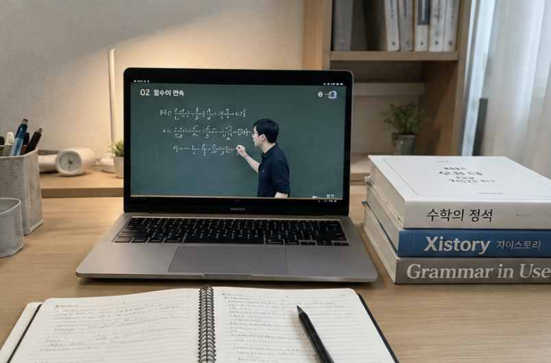 필기와 표시가 정리된 대성마이맥 교재를 보며 복습 포인트를 확인하는 모습