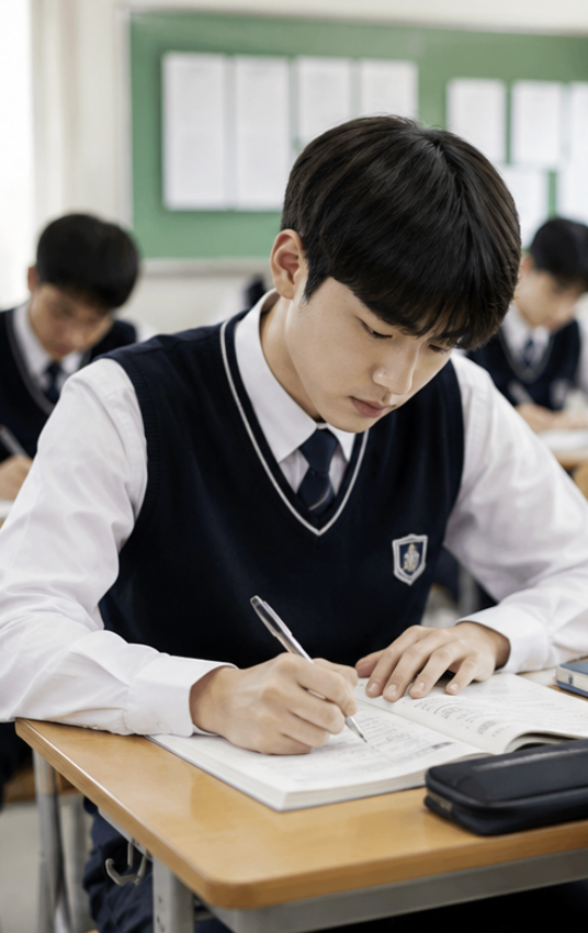 2026년 9월 모의고사 시험지와 필기 노트를 함께 보며 분석하는 자연스러운 학습 장면