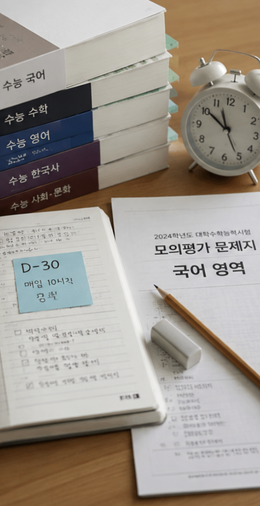 모의고사 성적표와 오답 노트를 나란히 두고 비교하는 자연스러운 학습 이미지