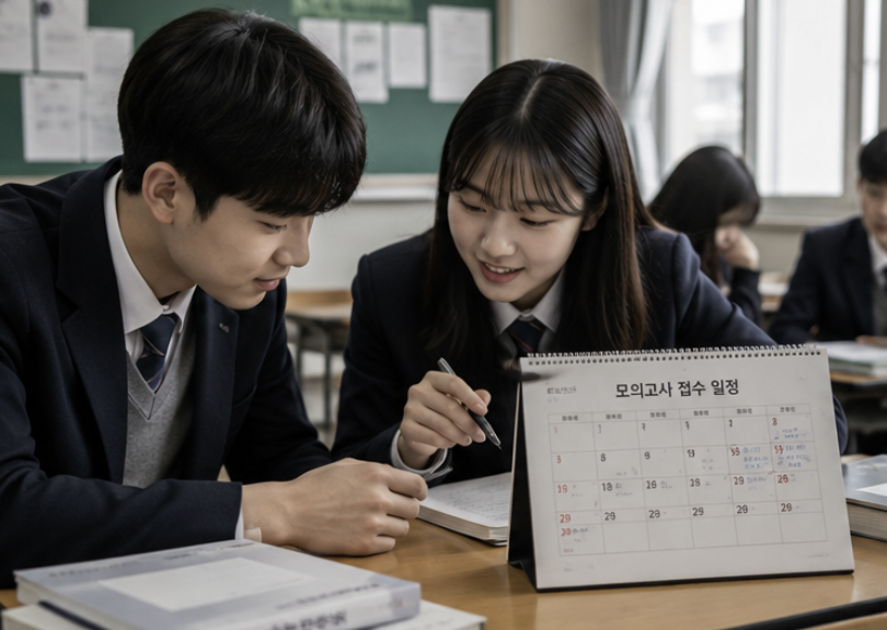 2027 6월 모의고사 접수 일정을 달력과 메모로 함께 확인하는 자연스러운 학습 장면