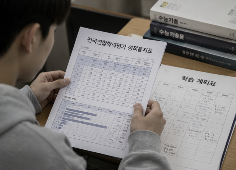 2027 9월 모의고사 성적표와 공부 계획표를 함께 놓고 비교하는 자연스러운 장면