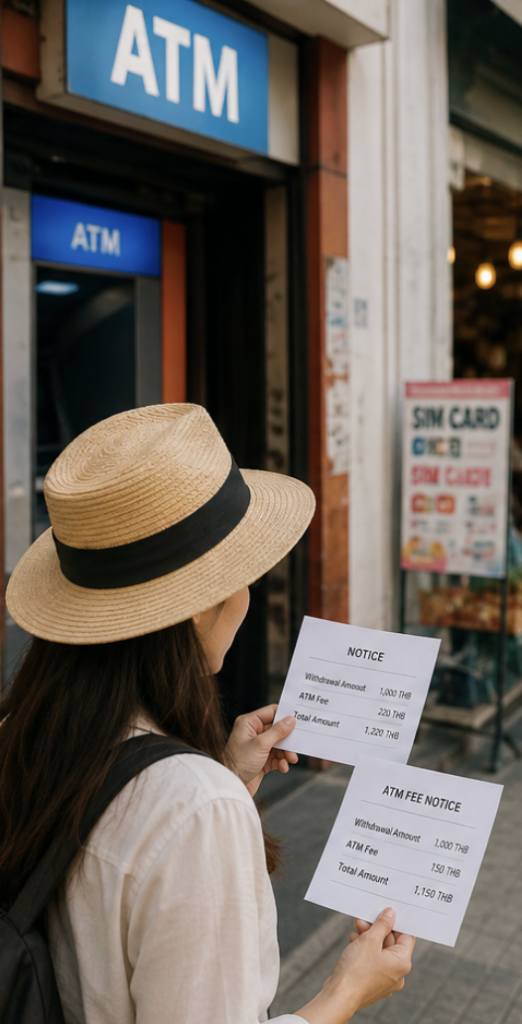 해외 출금 전 카드 잔액과 ATM 수수료 안내를 함께 확인하는 장면