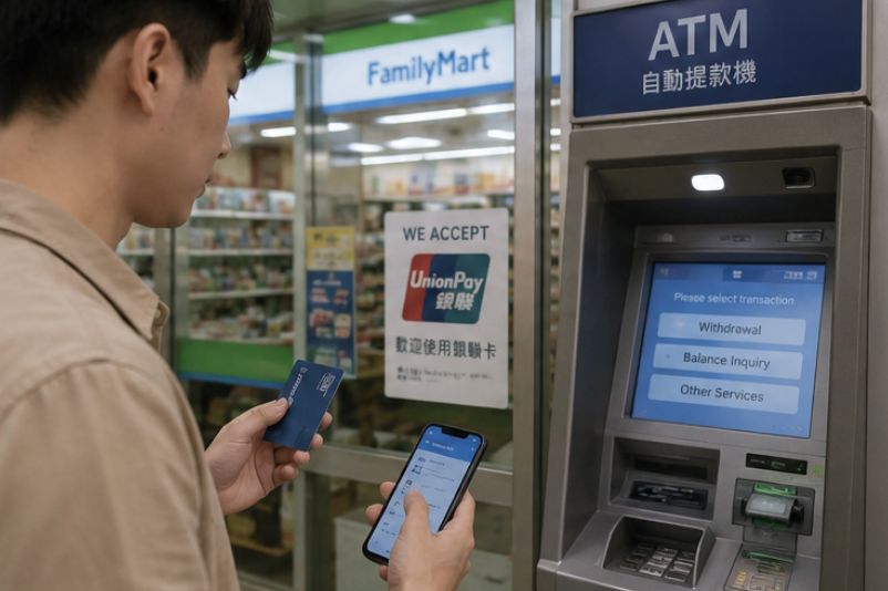 대만 ATM 앞에서 유니온페이 로고를 확인하며 인출 가능 여부를 살피는 여행자 모습