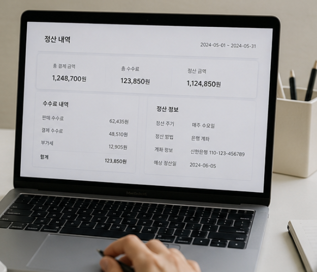 윗치폼 정산 신청 화면과 계좌 정보를 확인하는 장면