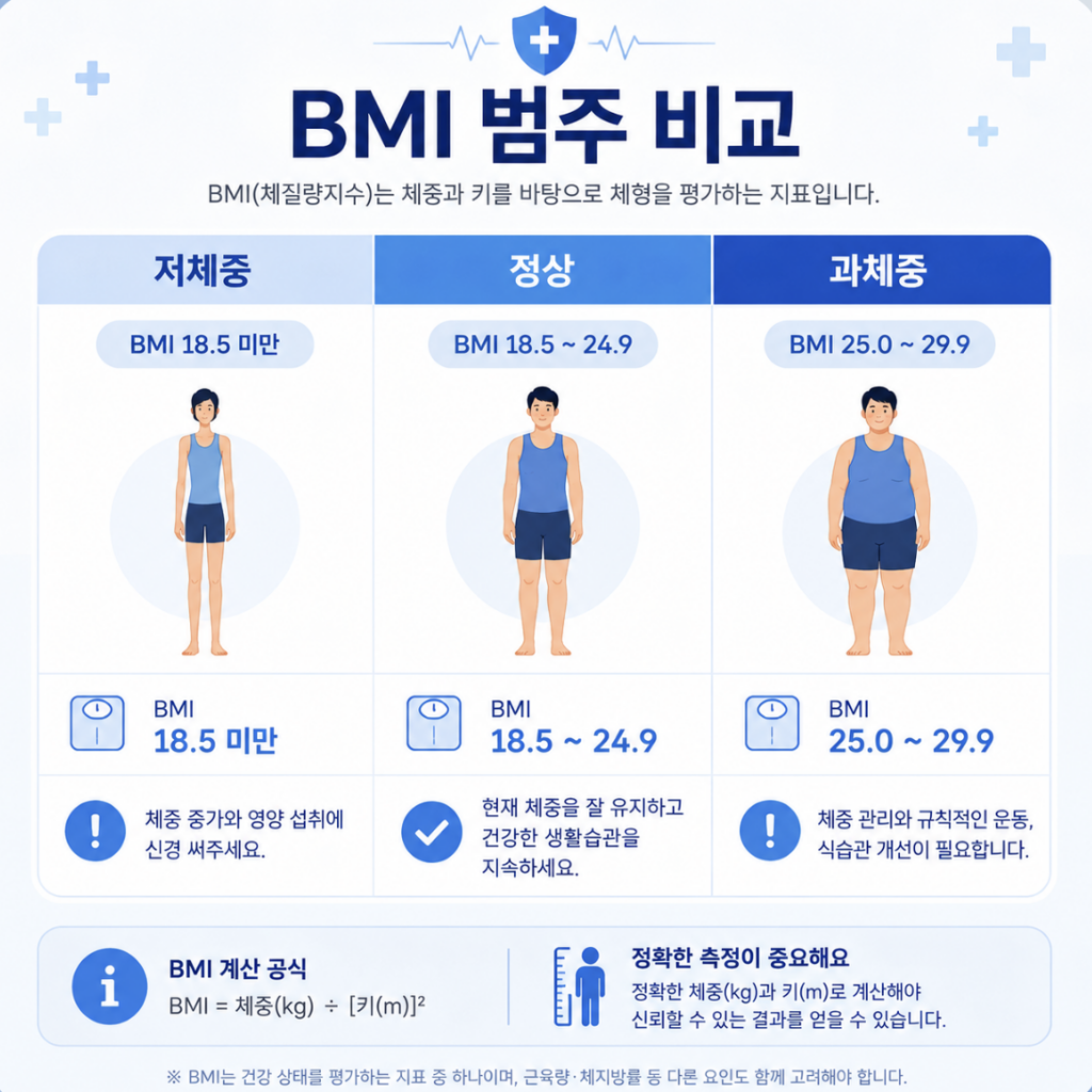 BMI 정상수치와 체지방률 차이를 함께 떠올릴 수 있는 자연스러운 건강 비교 이미지
