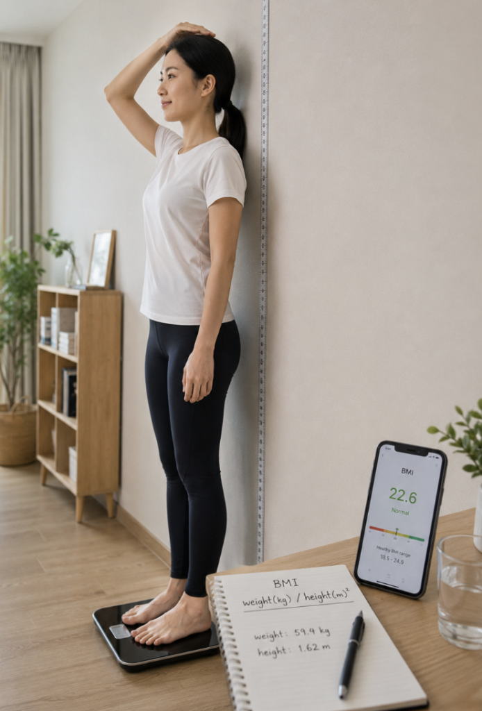 나이와 성별에 따라 BMI 해석이 달라질 수 있음을 보여주는 자연스러운 건강 정보 이미지
