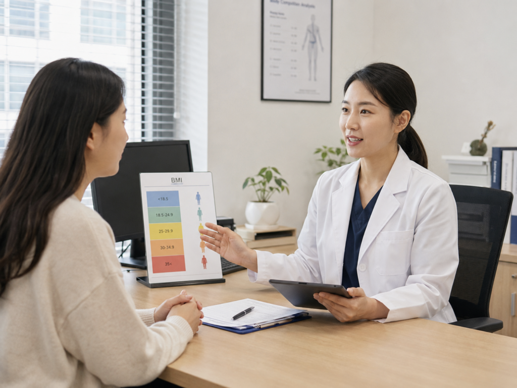 마운자로 BMI 기준을 상담하며 BMI 수치를 함께 확인하는 진료 장면
