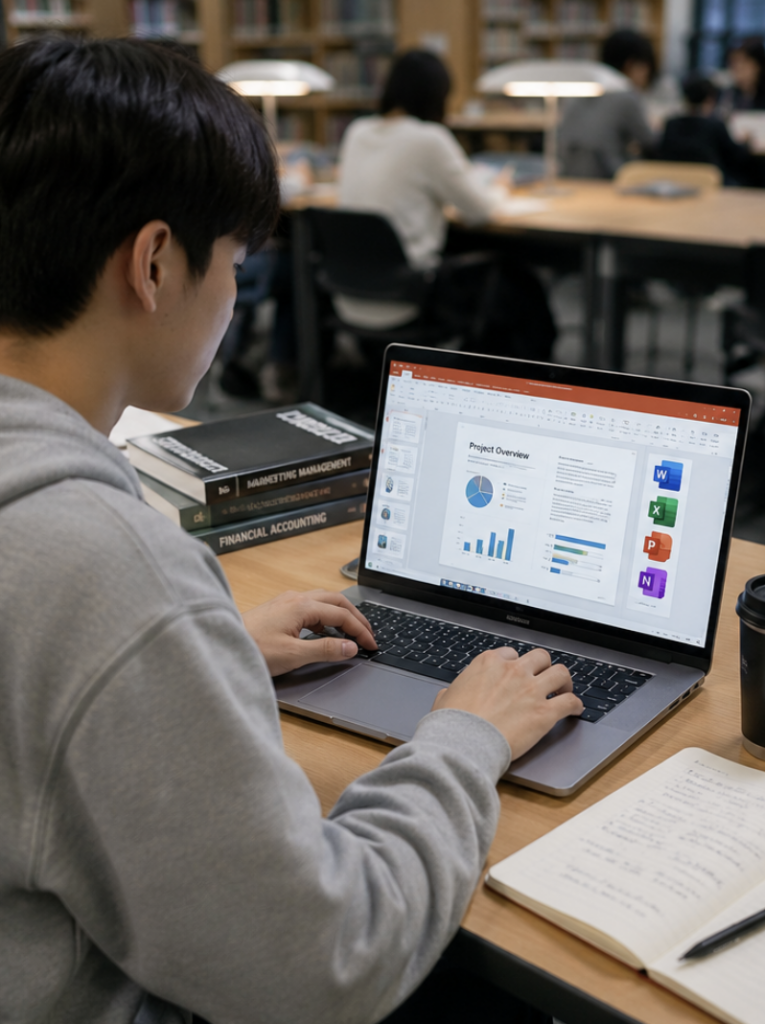 MS OFFICE 365 대학생 계정으로 노트북에서 과제와 발표 자료를 정리하는 대학생의 모습