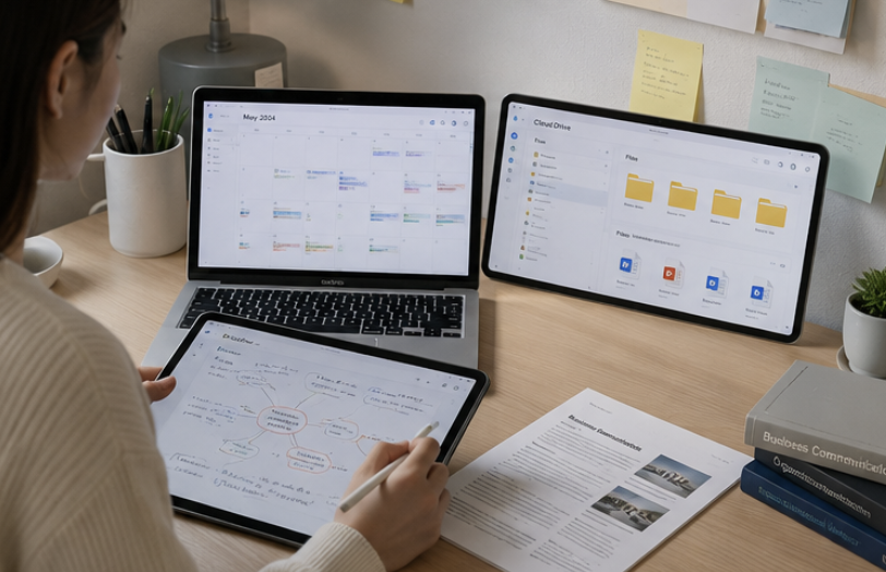 MS OFFICE 365 대학생 팀 프로젝트에서 문서를 함께 수정하며 발표를 준비하는 학생들