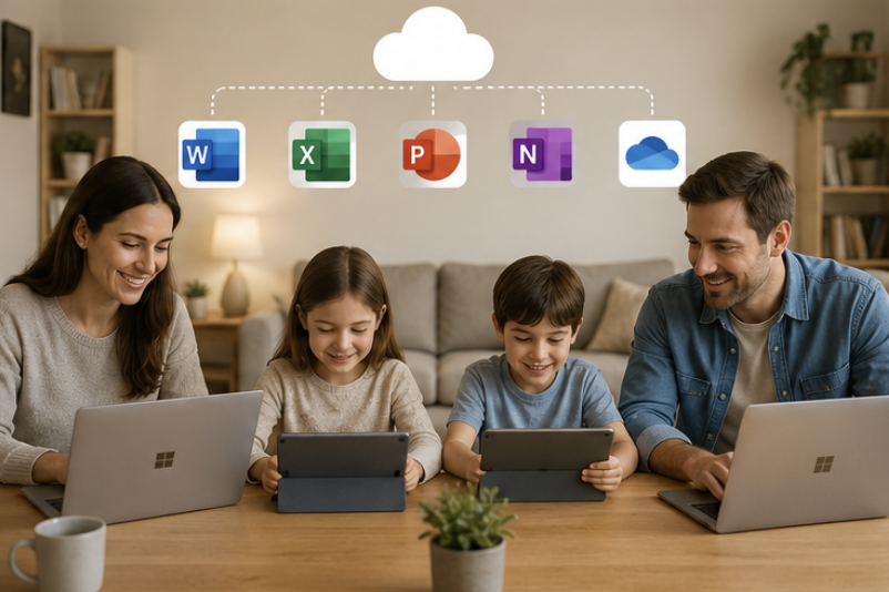 MS OFFICE 365 패밀리로 가족이 각자 노트북과 태블릿에서 문서를 사용하는 이미지