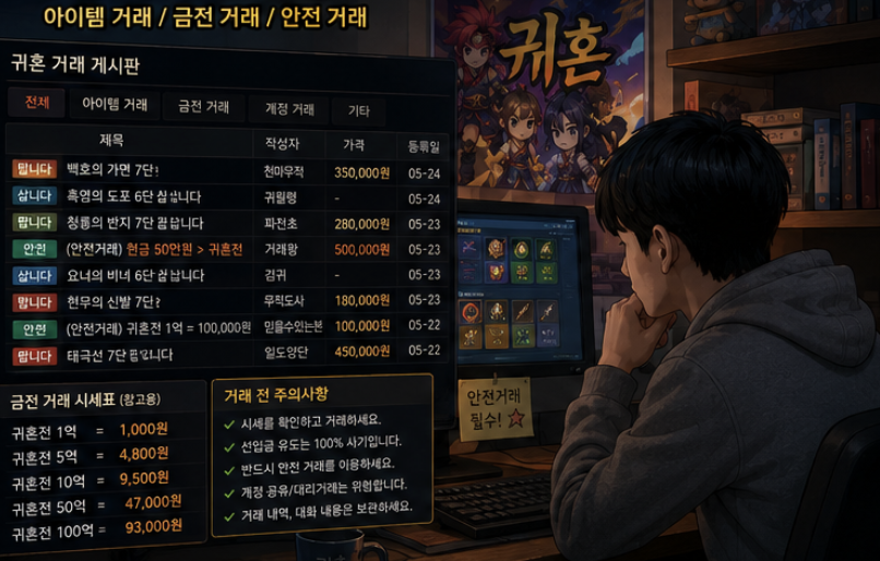 귀혼 거래 카페에서 아이템 시세와 판매 게시글을 함께 확인하는 화면