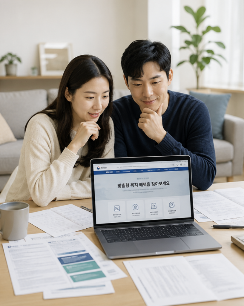 고유가 피해지원금 대상조회방법을 확인하는 가정의 서류와 노트북 화면