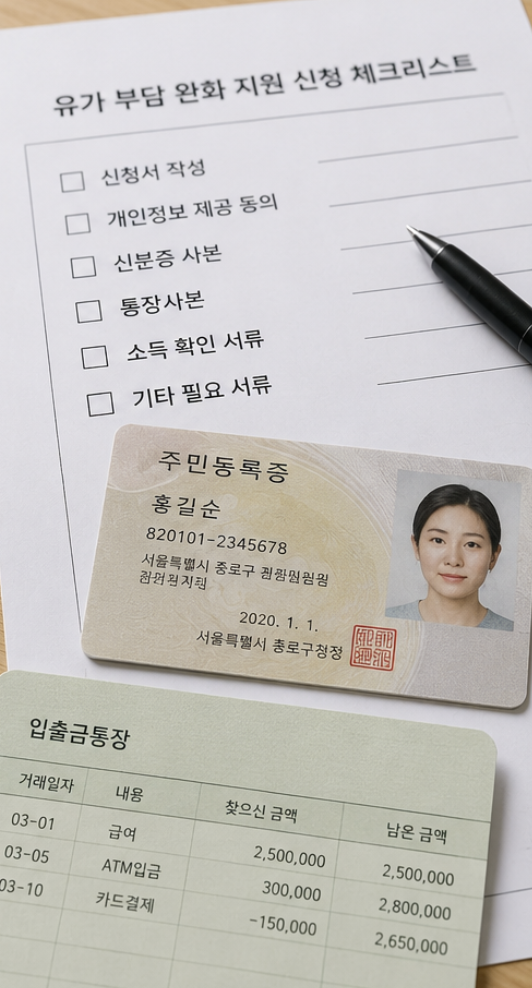 고유가피해지원금 2차 신청일을 확인하며 신청 서류와 통장 사본을 점검하는 장면