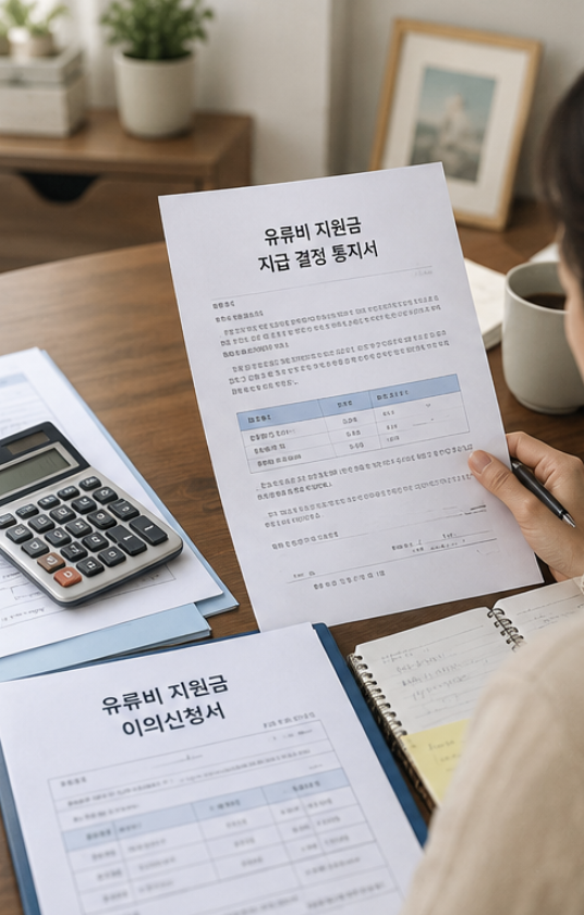 고유가 지원금 이의 신청 방법을 확인하며 통보서와 증빙서류를 검토하는 장면