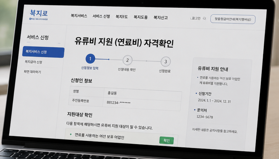 2차 유가지원금 대상확인 화면을 노트북으로 살펴보는 자연스러운 장면