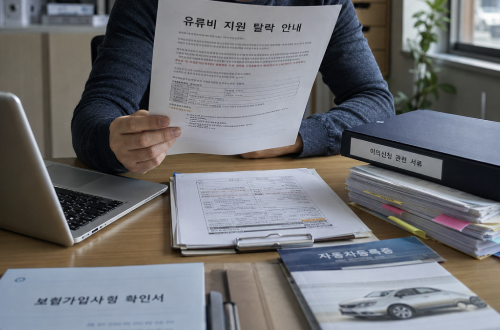 고유가 지원금 이의 신청서와 소득 증빙 서류를 함께 준비하는 모습