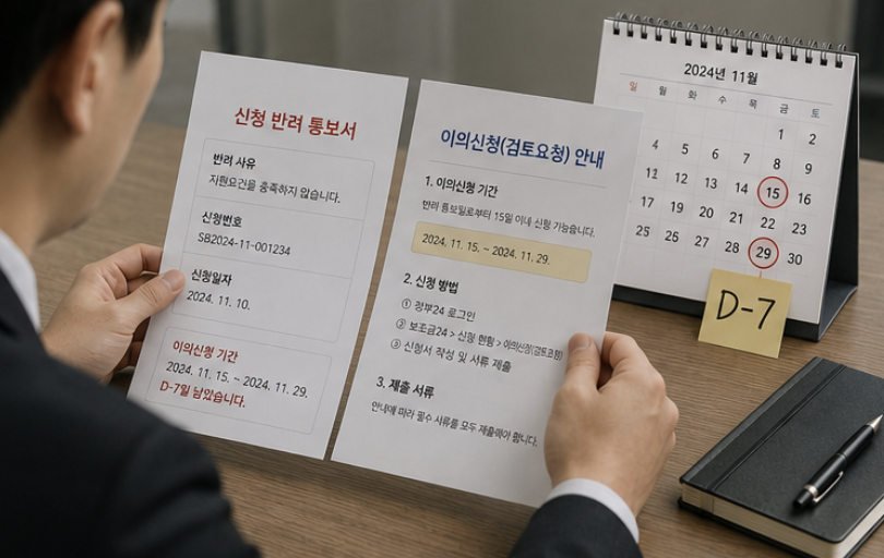 고유가 지원금 이의 신청서와 추가 증빙자료를 제출 전 다시 검토하는 장면
