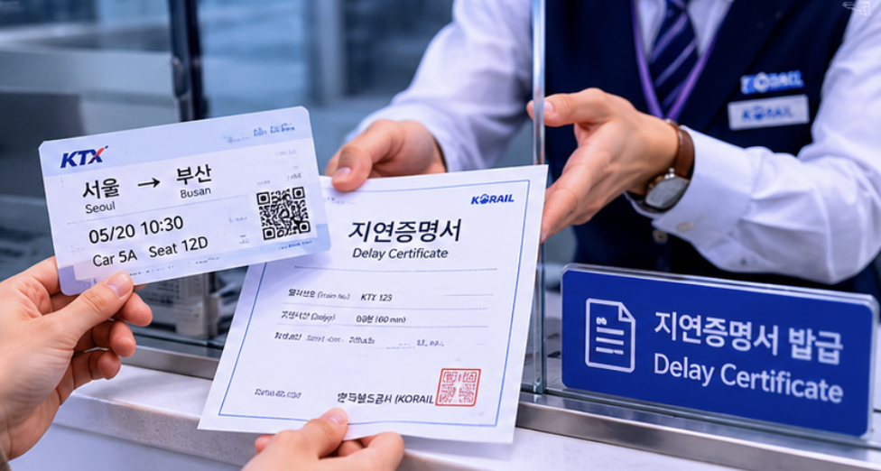 역 창구에서 열차 운행 중지 보상 신청 서류를 확인하는 장면