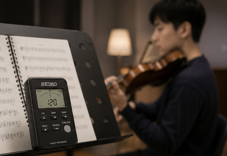 세이코 튜너 겸용 메트로놈을 보면대 위에서 사용하는 모습