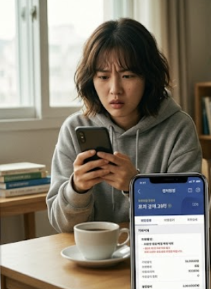 청년미래적금 가입신청 화면에서 소득 조회 오류 메시지가 뜬 스마트폰 화면을 보며 당황하는 청년의 모습