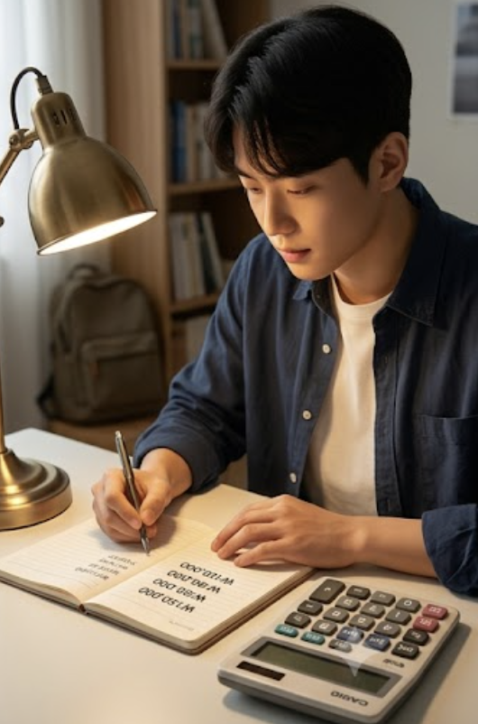 청년미래적금 만기 목표 금액을 가계부에 적으며 월 납입 계획을 세우는 청년의 모습, 책상 위 노트와 커피잔, 따뜻한 조명