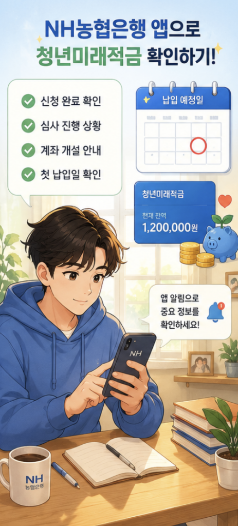 농협 모바일뱅킹 앱을 확인하는 청년과 달력, 신청기간 체크리스트가 함께 보이는 블로그 썸네일 이미지