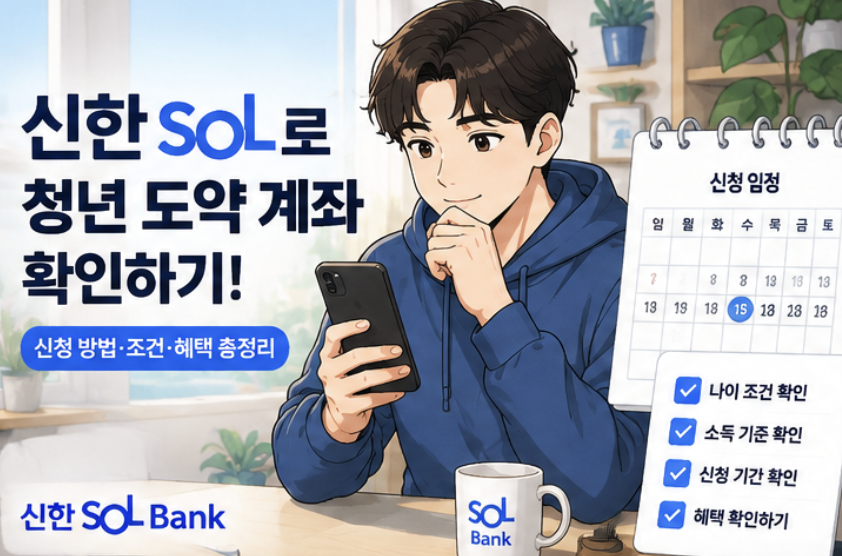 신한 SOL뱅크 앱으로 청년미래적금 신청을 준비하는 청년, 달력, 본인인증 체크리스트가 함께 보이는 금융 안내 이미지