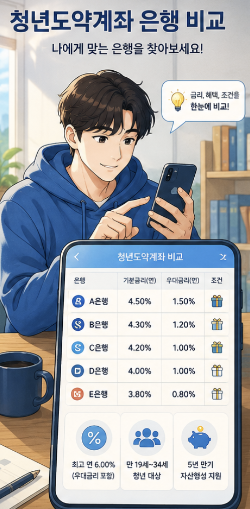 청년미래적금 가입 은행을 시중은행, 지방은행, 인터넷은행, 우정사업본부로 나누어 보여주는 비교형 이미지