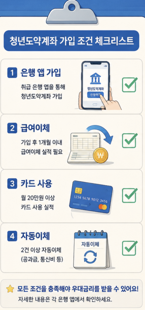 청년미래적금 은행 선택부터 앱 신청, 심사, 계좌개설, 납입 관리까지 이어지는 일정형 인포그래픽