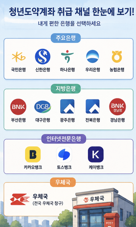 청년미래적금 은행 선택 기준을 금리, 급여이체, 카드실적, 앱 편의성, 은행방문 상담으로 나눈 체크리스트