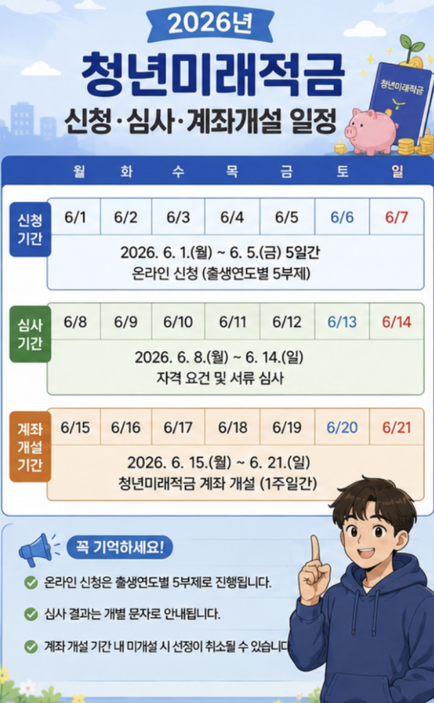 청년미래적금 가입신청, 심사, 계좌개설 날짜를 한눈에 비교할 수 있는 가로형 일정 이미지