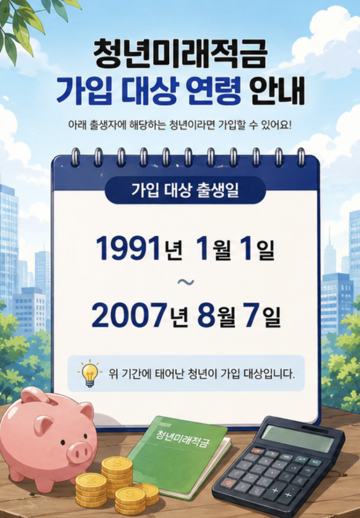 청년미래적금 나이 조건을 1991년 1월 1일생부터 2007년 8월 7일생까지 달력형으로 보여주는 이미지