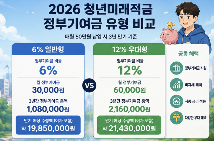 2026 청년미래적금 일반형 6%와 우대형 12% 정부기여금을 은행 우대금리와 분리해 보여주는 비교형 이미지