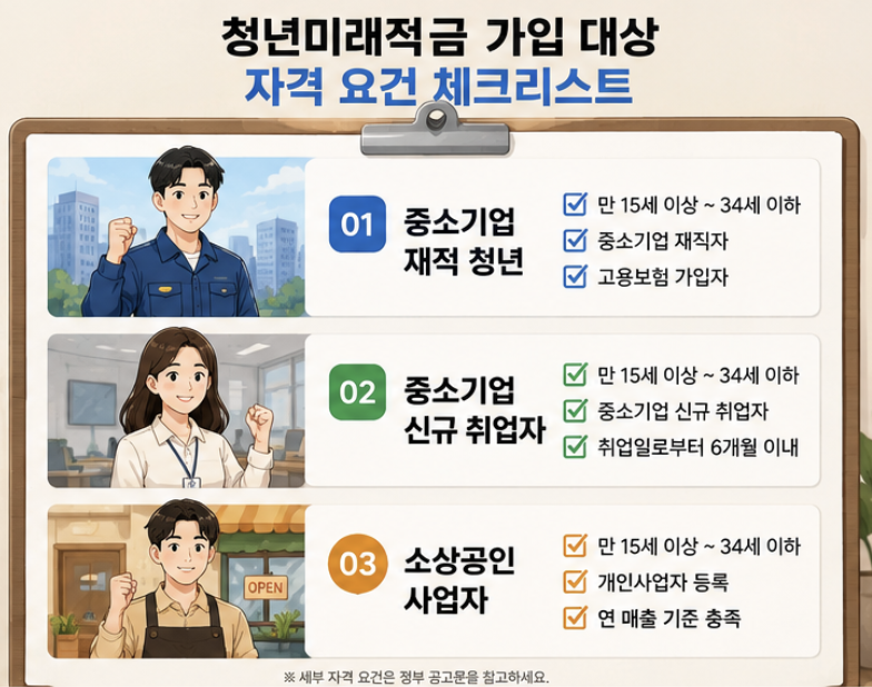 청년이 스마트폰 은행 앱에서 청년미래적금 우대형 조건의 소득, 가구, 근무, 매출 항목을 하나씩 체크