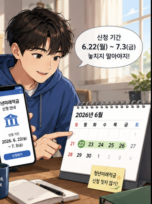 청년미래적금 신청일 당일 해야 할 일인 앱 접속, 상품 검색, 본인인증, 정보동의, 신청완료 확인을 보여주는 체크리스트 이미지
