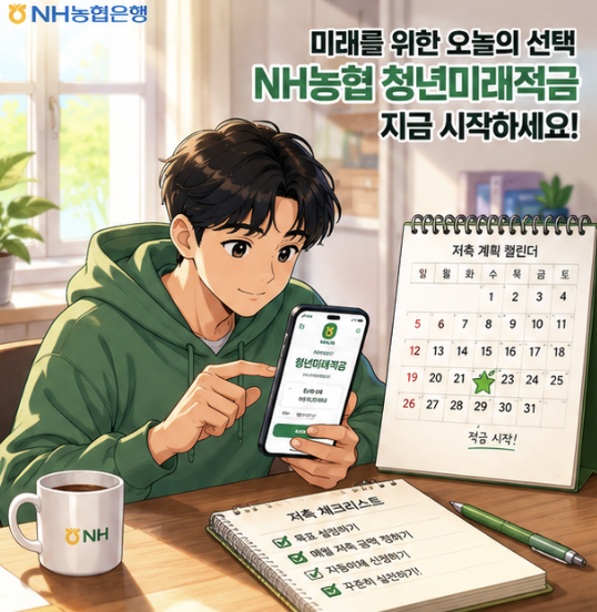 농협 청년미래적금 신청부터 심사, 계좌개설, 납입 시작까지 이어지는 단계형 금융 안내 이미지