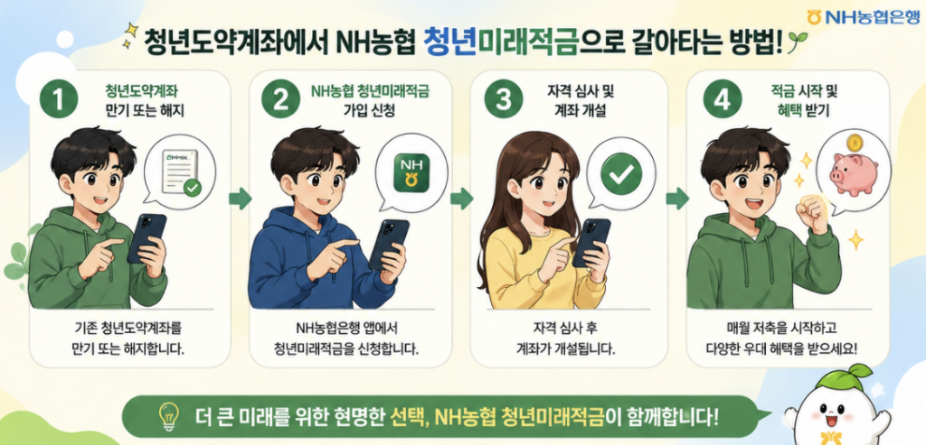 NH농협은행 앱으로 청년미래적금 신청 일정과 계좌개설 기간을 확인하는 금융 체크리스트 이미지