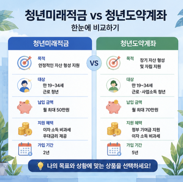 청년미래적금 우대형 기대와 일반형 확정 시 비교 기준을 나란히 보여주는 금융 인포그래픽