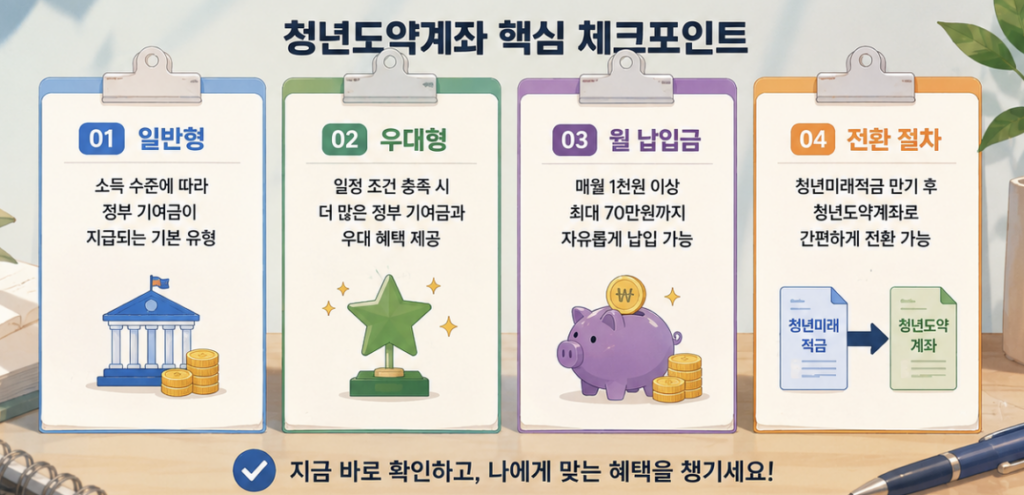 청년미래적금 일반형과 우대형, 청년도약계좌 유지를 세 칸으로 나눈 비교표형 이미지