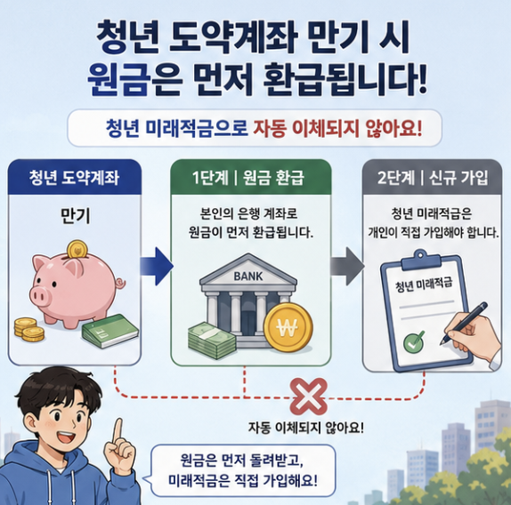 청년도약계좌 원금 자동이전 아님 → 특별중도해지 환급 → 청년미래적금 월 납입 시작 흐름을 보여주는 비교형 이미지