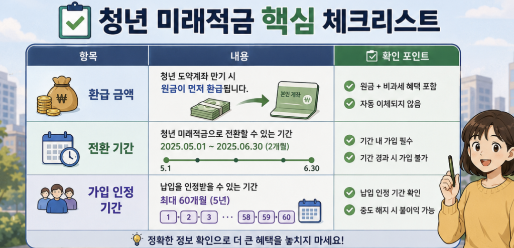 원금 환급, 일시납입 불가, 29개월 재직요건을 세 칸으로 나눠 보여주는 체크리스트형 이미지