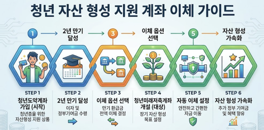 청년미래적금 갈아타기 조건 4단계와 청년도약계좌 특별중도해지 순서를 한눈에 보여주는 금융 절차 이미지