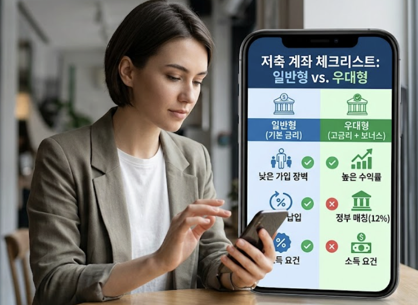 청년미래적금 일반형 6%와 우대형 12%, 우대요건 미충족 시 일반형 조정 가능성을 비교한 표형 이미지