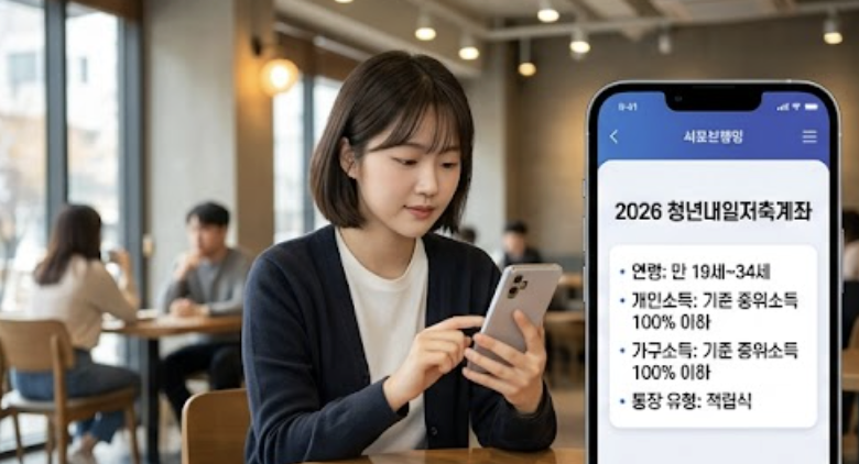 청년미래적금 조건 심사를 나이 → 개인소득 → 가구요건 → 일반형·우대형 → 계좌개설 순서로 보여주는 단계형 이미지