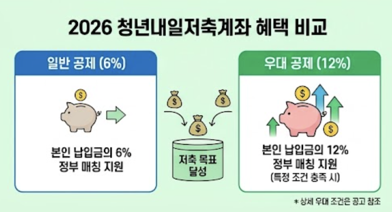 청년미래적금 일반형 6%와 우대형 12% 정부기여금 차이와 추가 심사 조건을 비교하는 인포그래픽 이미지