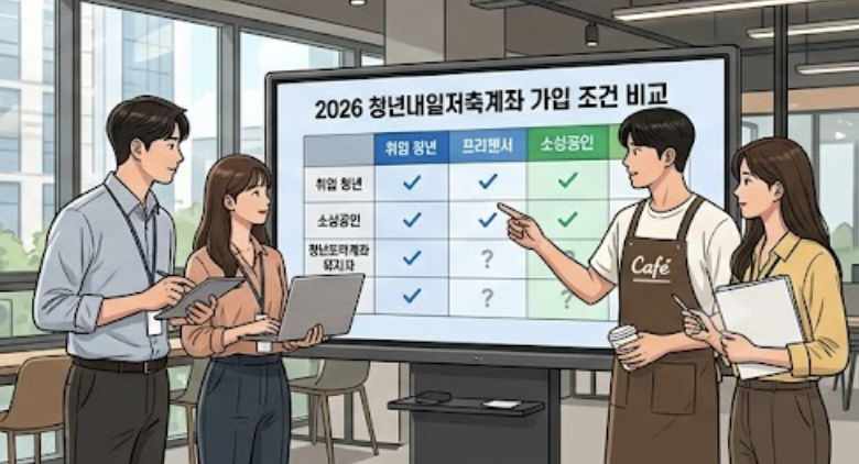 2026 청년미래적금 조건을 직장인과 프리랜서, 소상공인, 청년도약계좌 보유자 상황별로 비교한 안내 이미지
