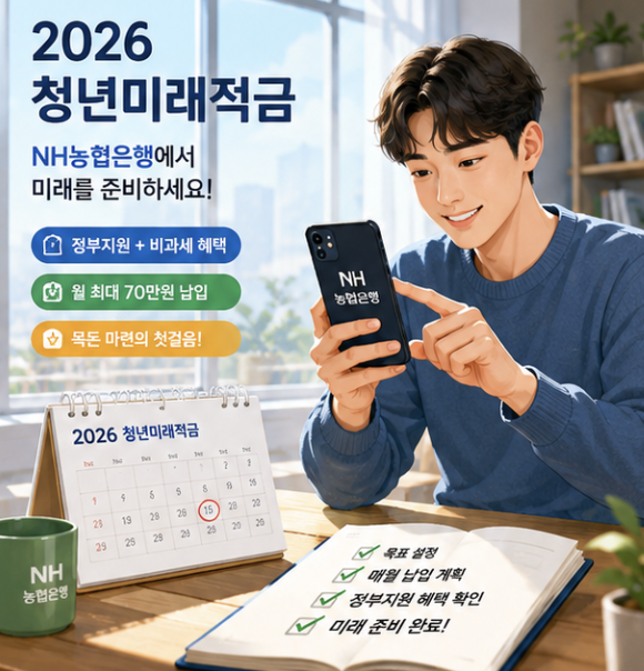 2026 청년미래적금 농협 신청 흐름을 공통 조건 확인, 농협 앱 신청, 가입심사, 계좌개설, 납입 시작 순서로 보여주는 단계형 이미지