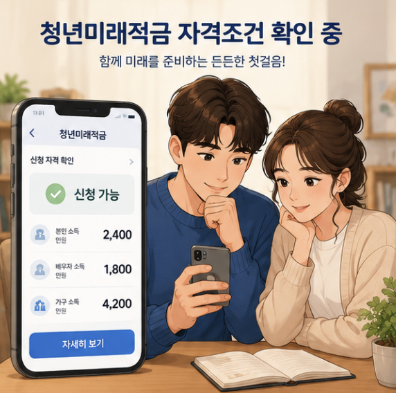 청년미래적금 부부 조건에서 개인소득과 배우자 포함 가구소득을 구분해 보여주는 인포그래픽