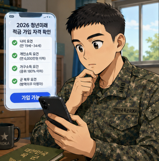 2026 청년미래적금 군인 조건을 현역병, 사회복무요원, 사관생도, 직업군인과 전역자로 구분한 체크리스트 이미지