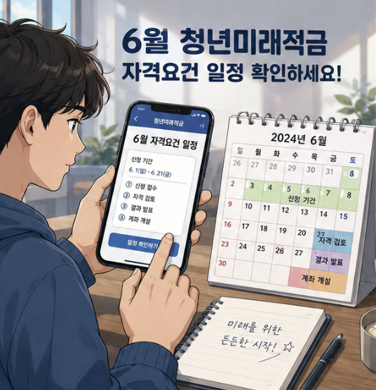 6월 청년미래적금 조건에서 신청기간과 가입 자격을 분리해 보여주는 달력형 인포그래픽
